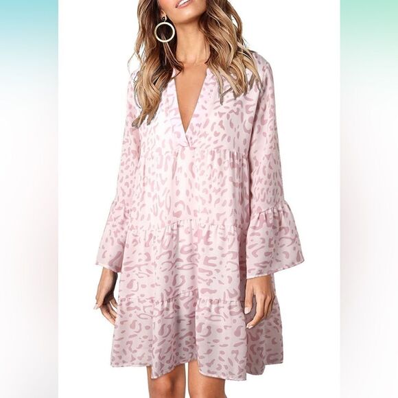 Dokotoo VNeck Tunic Casual Loose Babydoll Mini Swing Dress in Pink Leopard Print - Picture 1 of 11